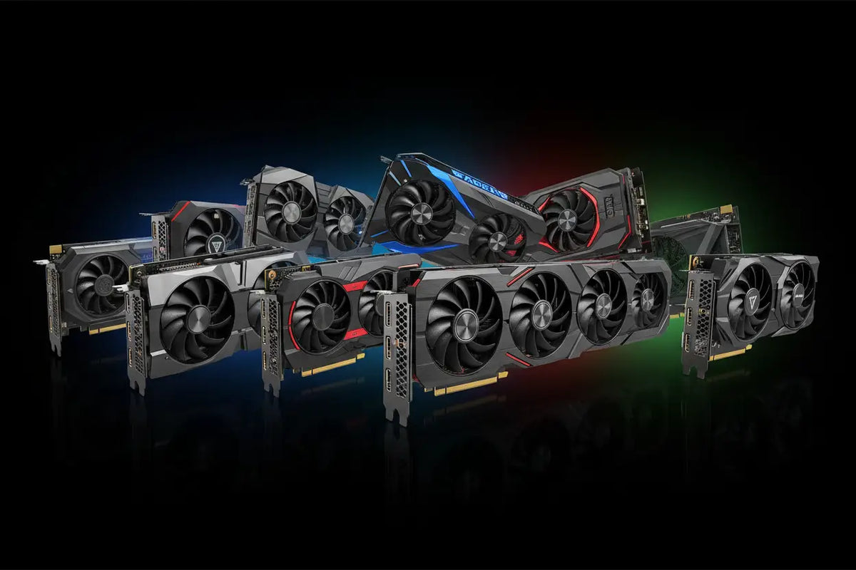 Černé a červené grafické karty s více ventilátory a rgb osvětlením v kovovém provedení kolekce grafické karty.