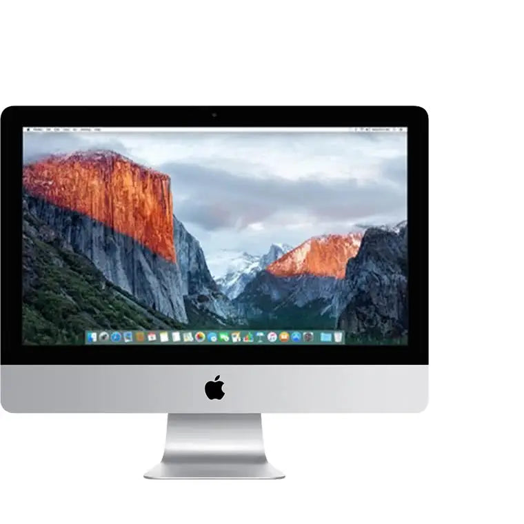 Stříbrný apple imac 21,5 palce 2015 s procesorem core i5 černým rámečkem obrazovky a tapetou yosemitské hory