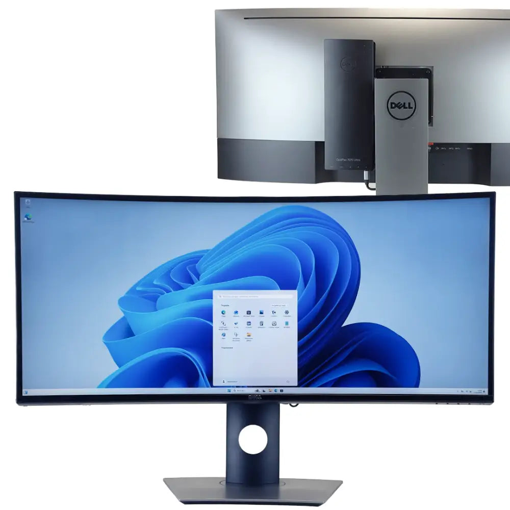 Dell optiplex 7070 ultra s dell u3417w 34palcovým ultrawide zakřiveným monitorem v černé s stříbrnými akcenty