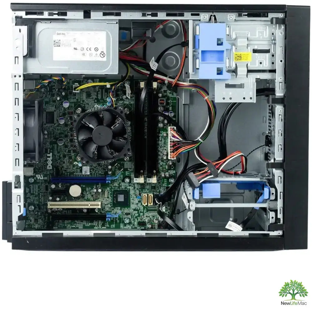 Černá dell precision t1650 gaming barebone tower s viditelnými interními komponenty včetně zelené základní desky a černého ventilátoru