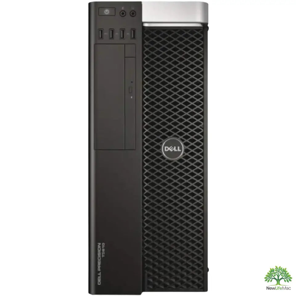 Černá Dell Precision T7610 tower desktop s kovovým stříbrným panelem a mřížkou větrání pro pracovní stanice