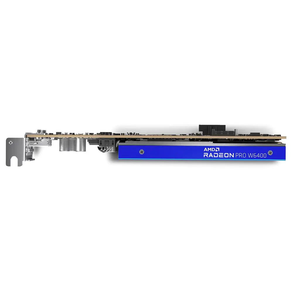 Amd radeon pro w6400 4gb gddr6 graphics card with sleek metallic finish and visible circuitry in blue color