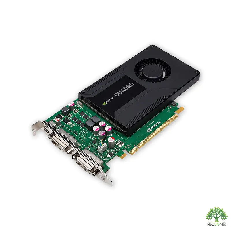 Nvidia quadro k2000d profesionální grafická karta s černým chladičem a zelenou základní deskou