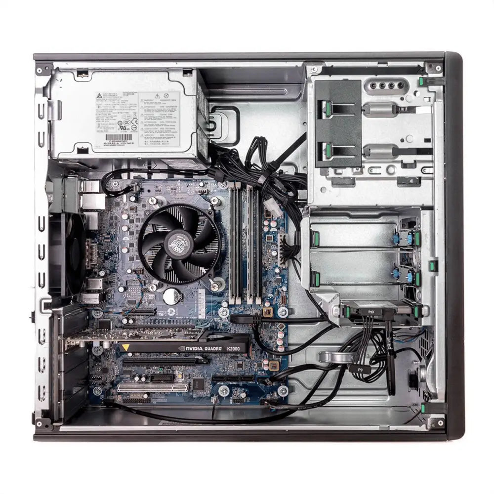 Černý a stříbrný desktopový počítač hp z230 tower gaming barebone s nvidií quadro k200 a interními komponentami