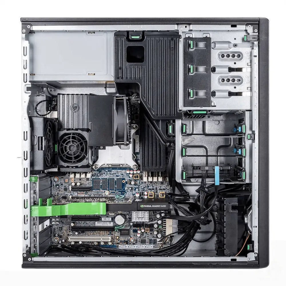Černý hp z420 gaming barebone desktop s interními komponentami včetně základní desky, cpu chladiče a grafické karty nvidia quadro k400