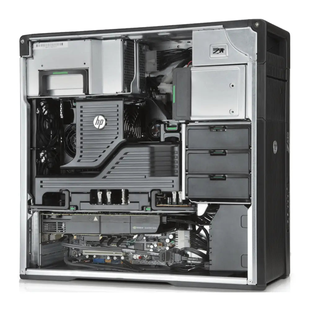 Černostříbrná hp z620 gaming barebone desktopová věž s viditelnými vnitřními komponenty single cpu