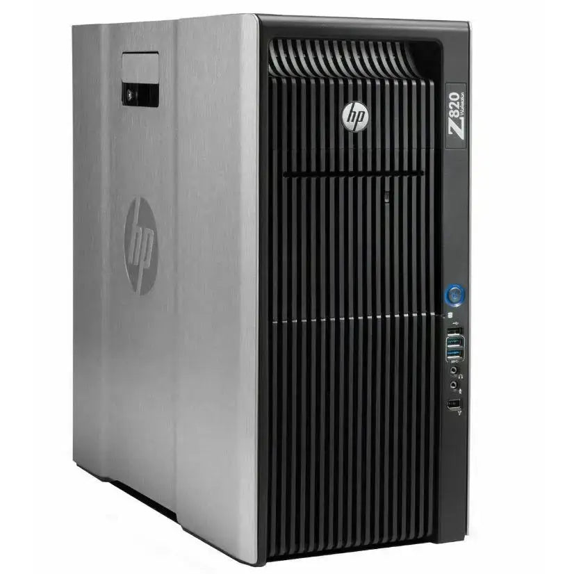 Hp z820 workstation bundle tower stříbrná a černá s vertikálními ventilačními otvory modré tlačítko napájení a usb porty