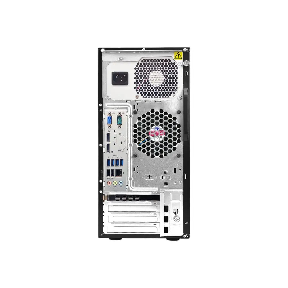 Stříbrno černá lenovo thinkstation p320 tower gaming barebone s hexagonálním větracím designem a viditelnými chladícími ventilátory