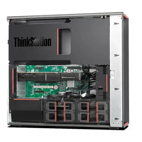 Lenovo thinkstation p500 černostříbrný workstation s viditelnou zelenou základní deskou, drive bay a červenými doplňky