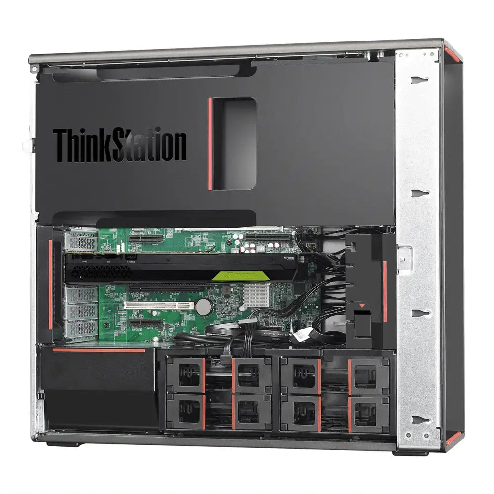 Černý a stříbrný lenovo thinkstation p340 s zelenou základní deskou, červenými akcenty a více pozicemi pro disky