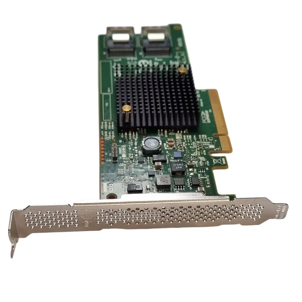 Zelená deska s černým chladičem a dvěma SATA porty pro PCI Express v produktu Řadič Dell GTP9G LSI SAS9217-8i 6 Gb