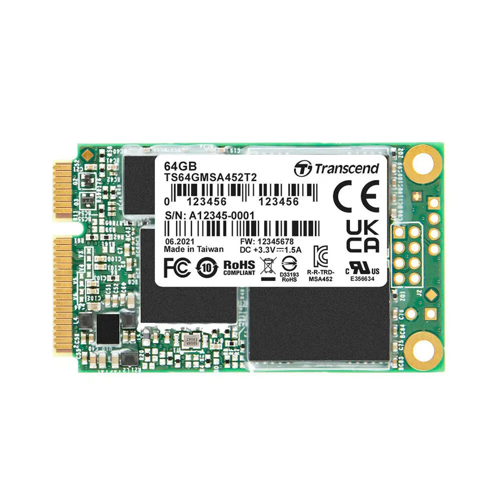 Transcend 64gb m.2 ssd s zelenou pcb deskou a bílou štítkem s technickými údaji pro ssd 64gb msata