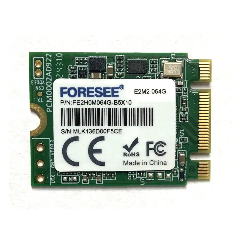 Green foresee e2m2 064g m.2 solid-state drive s 64gb nvme kapacitou a bílou štítkem s certifikacemi ce rohs a fcc