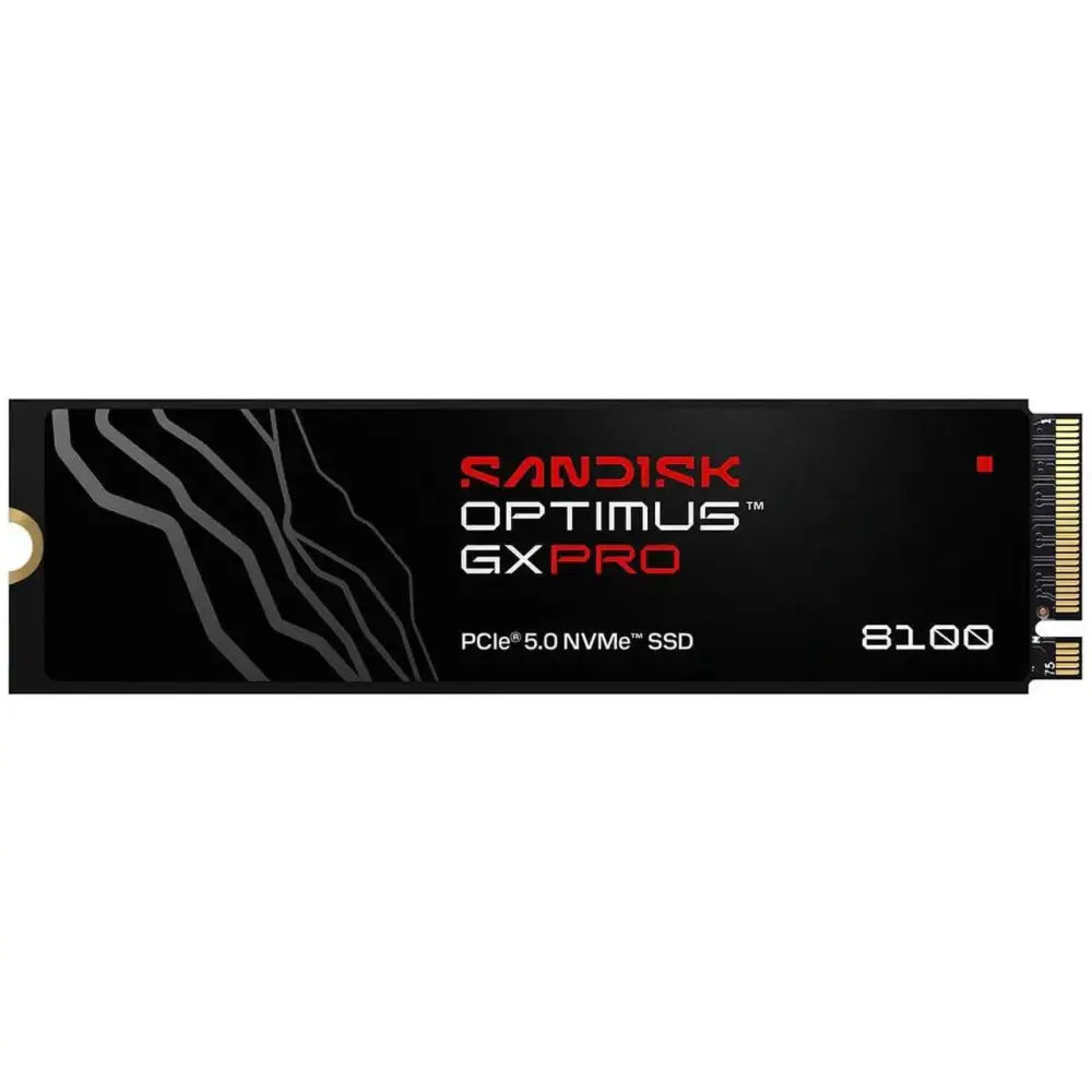 Black sandisk optimus gx pro pcie 5.0 nvme ssd s 256gb m.2 úložištěm se stříbrným vzorem a zlatým uchycením