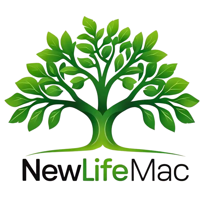 Zdravě zelený strom s bohatou listovím a pod ním text „NewLifeMac“.