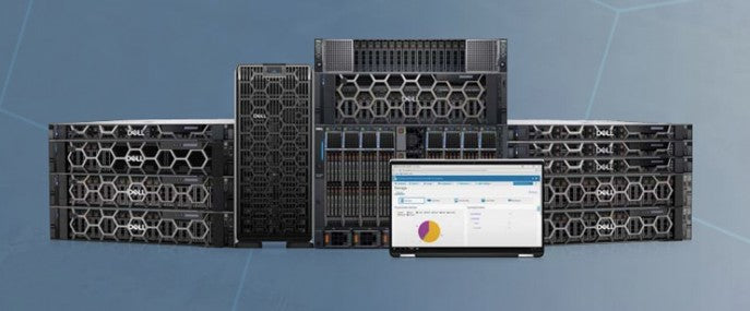 Dell Servery zobrazující různé serverové jednotky a notebook s daty