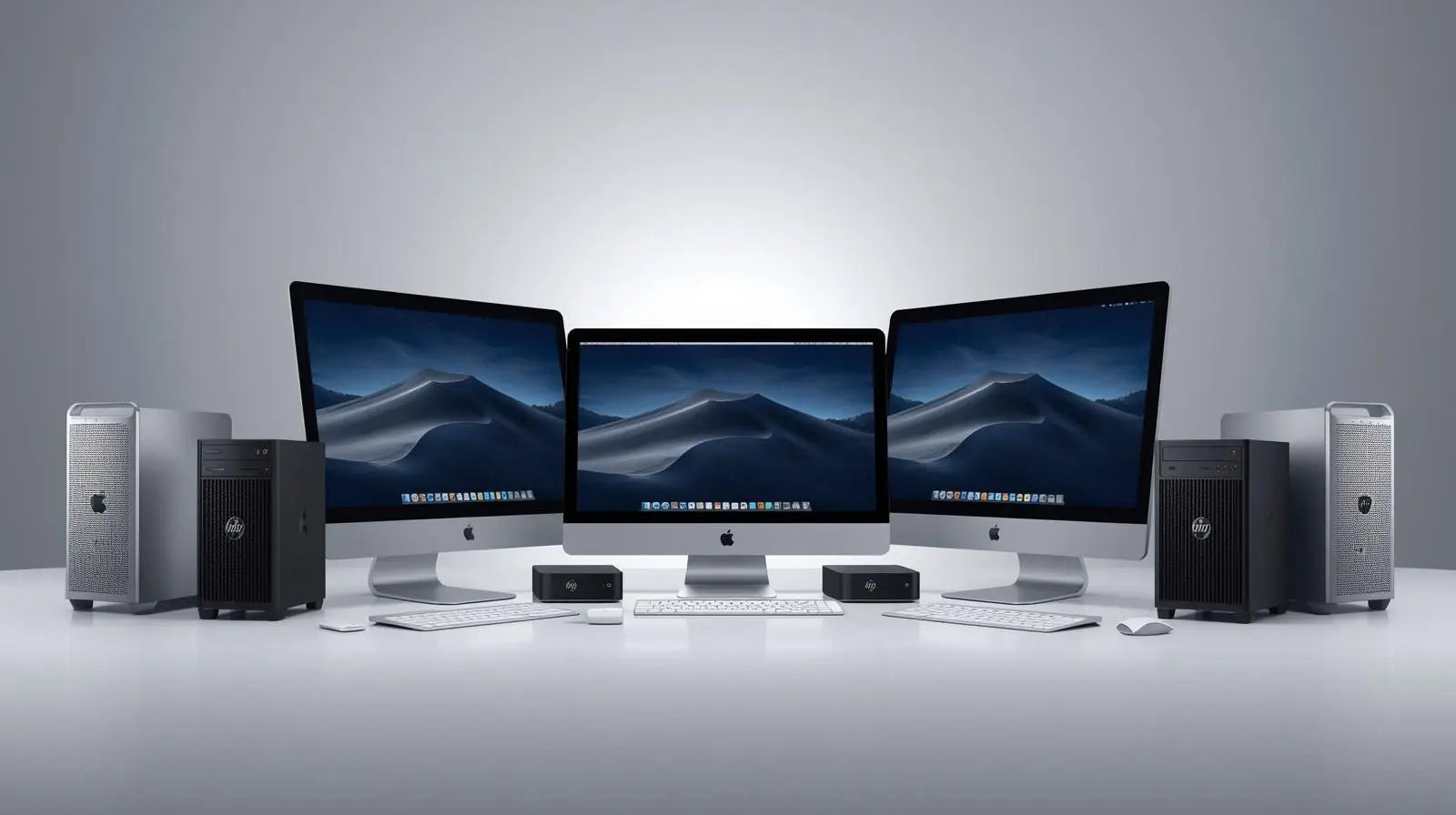 Tři Apple iMac počítače s externími pevnými disky a příslušenstvím v kolekci Domů