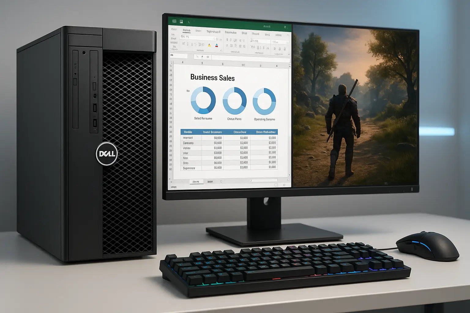Černý Dell desktop s monitorem a příslušenstvím v kolekci Pracovní a herní stanice
