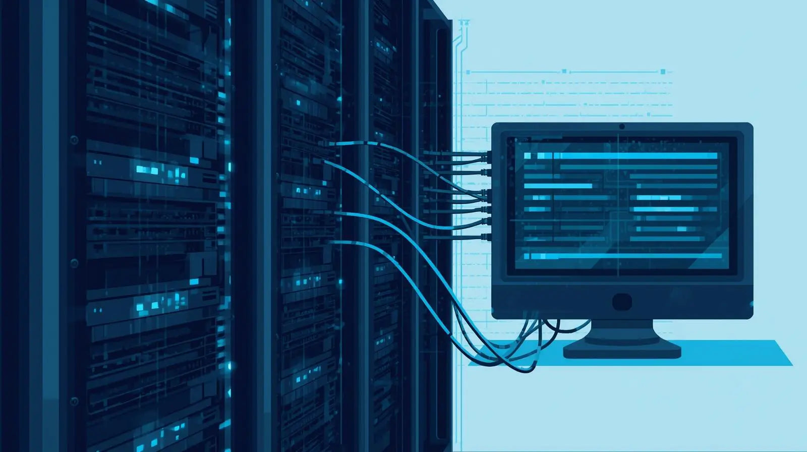 Server rack připojený k monitoru ukazuje zpracování a správu dat v kolekci Služby