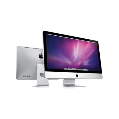 Apple imac 12.2 late 2011 27 stříbrný hliníkový výkonný stolní počítač s čtyřjádrovým výkonem a fialovo-růžovou tapetou