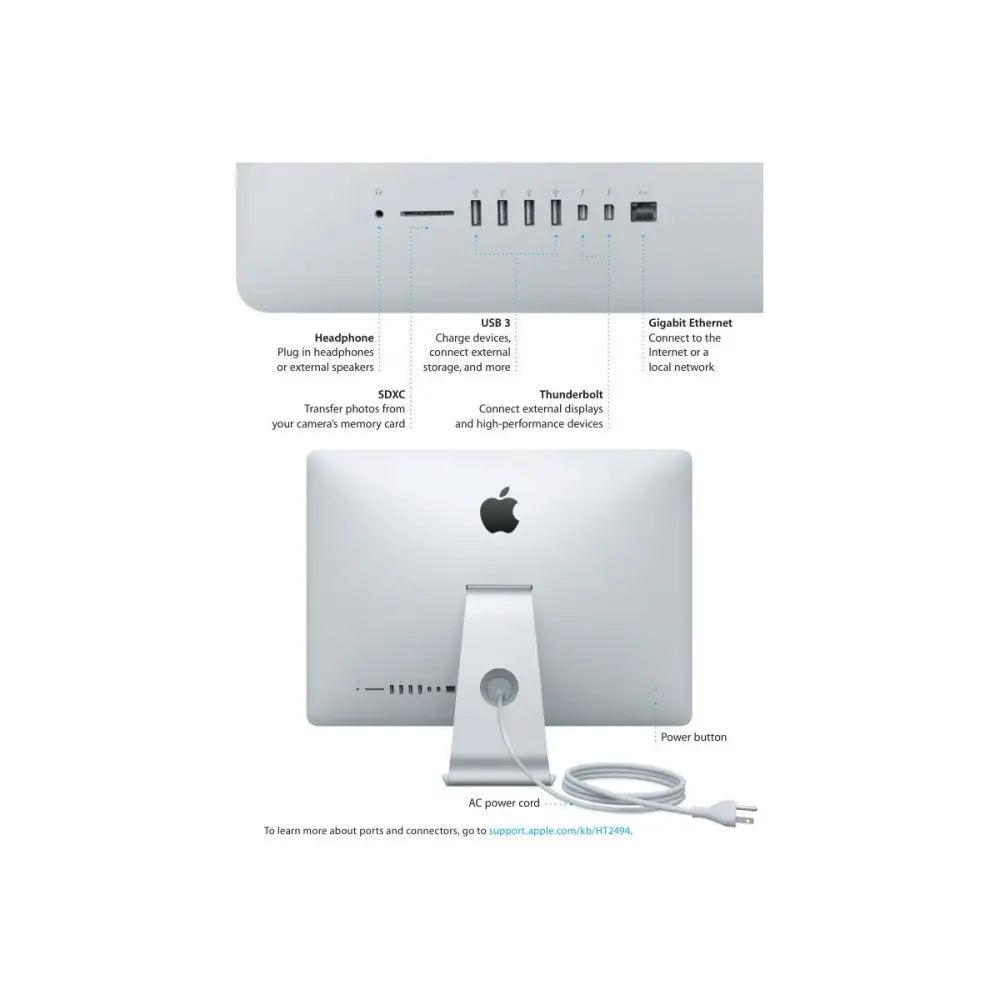 Zadní strana apple imac 14 2 late 2013 27 stříbrný hliníkový čtyřjádrový procesor pro opravdu náročné s porty usb 3 thunderbolt sdxc gigabit ethernet a audio jack