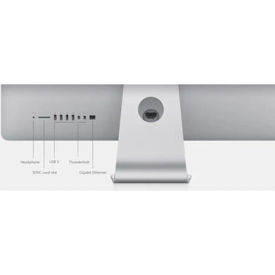 Stříbrný hliníkový apple imac 14.2 27 se čtyřjádrovým procesorem a porty usb 3 thunderbolt gigabit ethernet zezadu