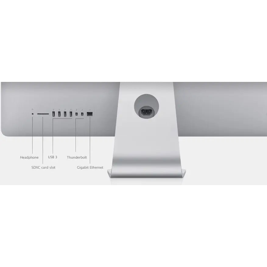 Stříbrný hliníkový apple imac 14.2 27 se čtyřjádrovým procesorem a porty usb 3 thunderbolt gigabit ethernet zezadu