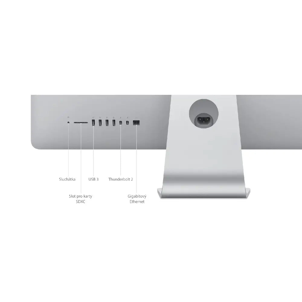 Stříbrný hliníkový apple imac 215 2015 s porty usb 3 thunderbolt 2 a ethernet na zadní straně