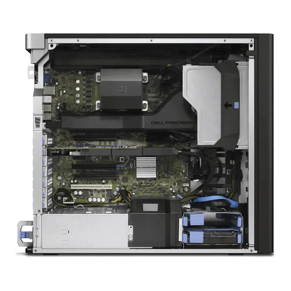 Černostříbrná dell precision 5810 stolní počítač s viditelnými interními komponenty pro cad aplikace