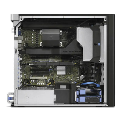 Černostříbrná dell precision 5810 pracovní stanice s 64gb ddr4 ram, 512gb ssd a nvidií quadro k4200, vnitřní komponenty viditelné