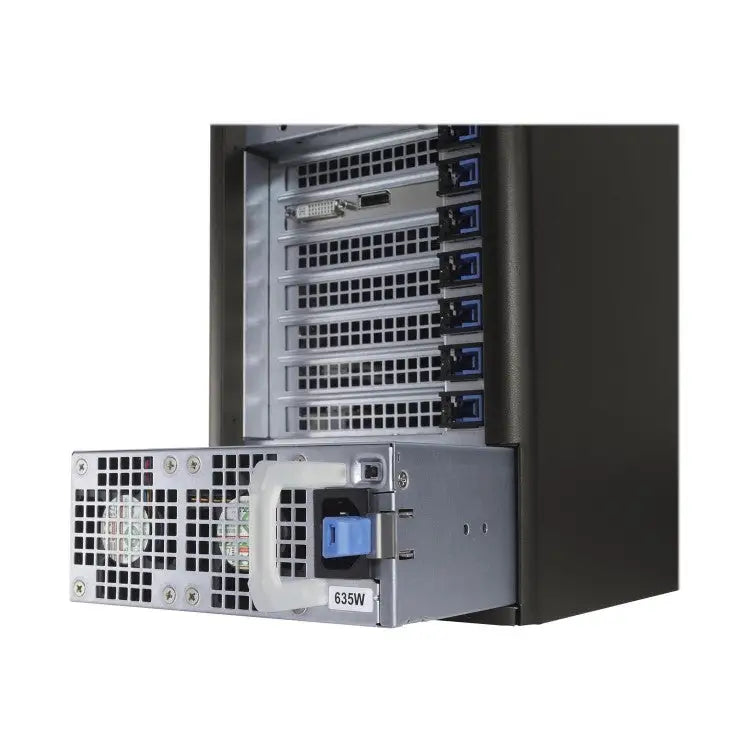 Dell precision 5810 gaming barebone single cpu s 635w stříbrným kovovým zdrojem a modrým konektorem zezadu v serverové skříni