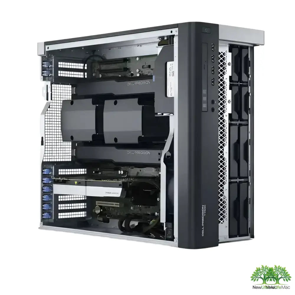 Stříbrný a černý dell precision 7840 pracovní stanice s profesionálním designem a bočními větracími panely mesh