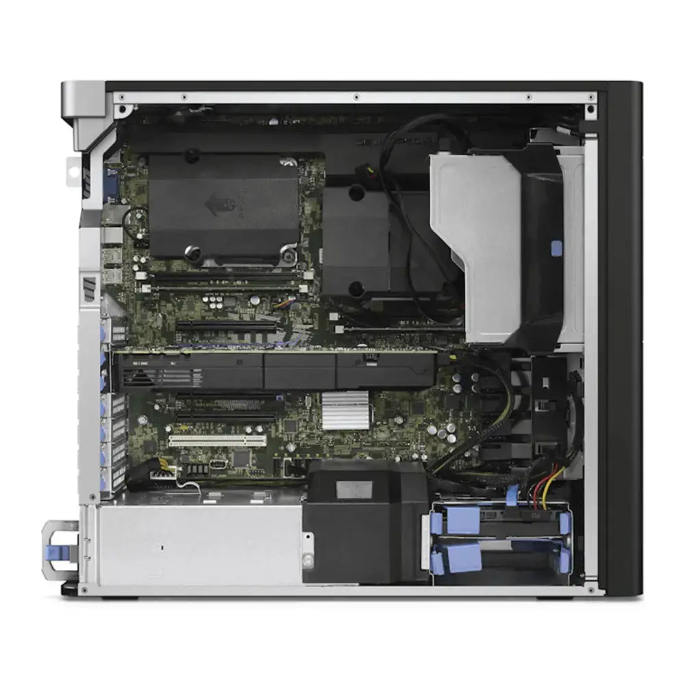 Černý a stříbrný dell precision t7810 desktop s viditelnými interními komponenty 64gb ddr4 512gb ssd quadro k4200
