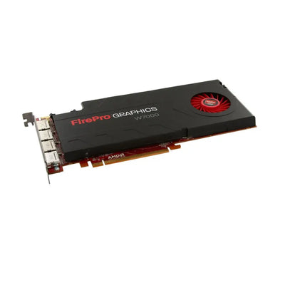 Black amd firepro w7000 graphics card with red cooling fan and multiple output ports for professional use