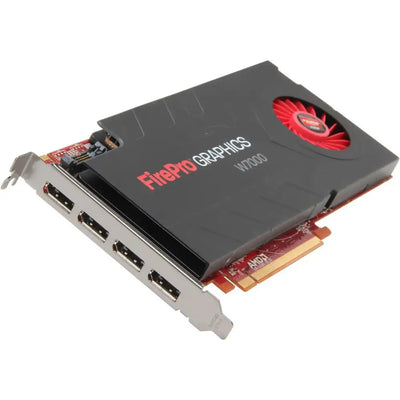 Amd firepro w7000 4gb gddr5 gpu with red fan and four hdmi ports in black casing