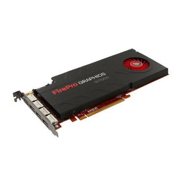 Černá amd firepro w7000 grafická karta s červeným chladičem a 4 výstupy displayport pro profesionální použití