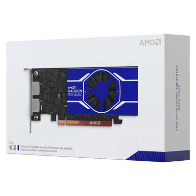 Amd radeon pro w6400 4gb gddr6 grafická karta modro-bílá s černým ventilátorem a červeným pcie konektorem