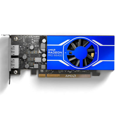 Amd radeon pro w6400 4gb gddr6 graphics card with central cooling fan and white accent lines in blue design