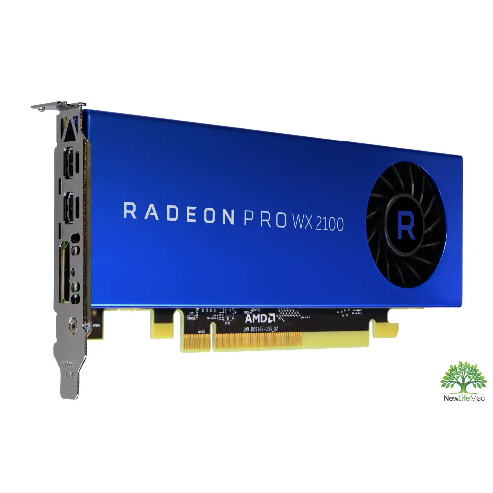 Amd radeon pro wx 2100 graphics card with 2gb gddr5 memory, black circular fan, silver metal bracket, and mini displayport ports