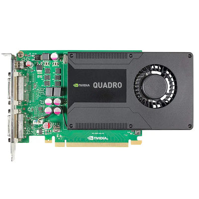 Nvidia quadro k2000d 2gb gddr5 graphics card with green circuit board and black cooling shroud featuring a fan