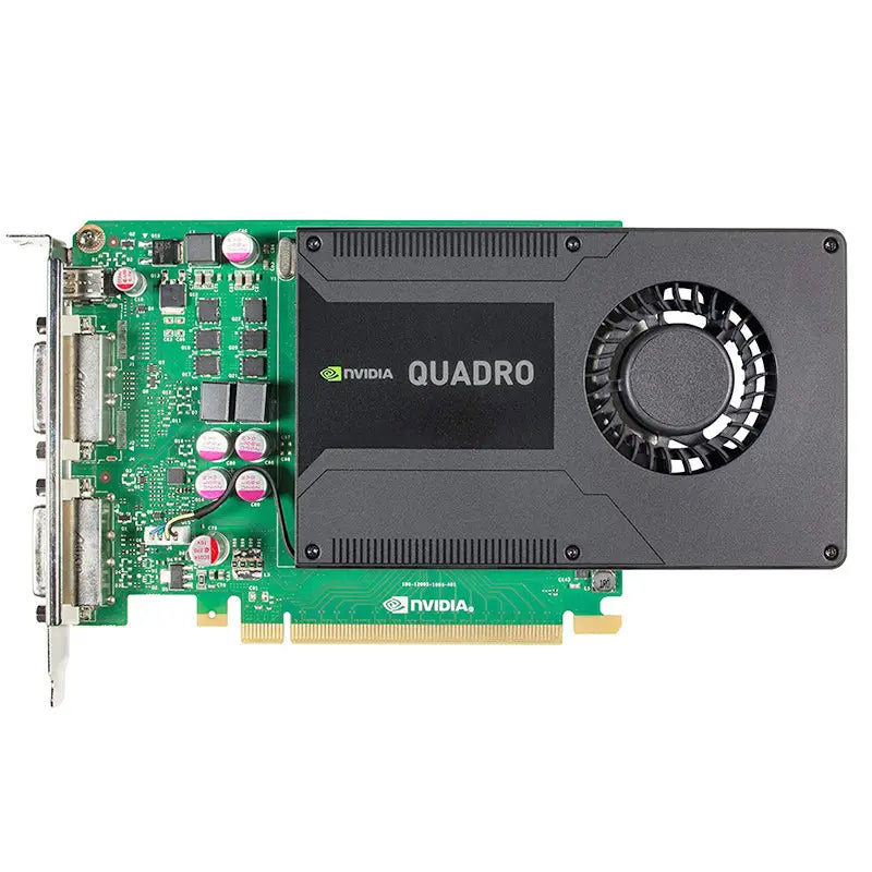 Nvidia quadro k2000d 2gb gddr5 graphics card with green circuit board and black cooling shroud featuring a fan