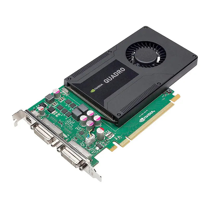 Černá nvidia quadro k2000d profesionální grafická karta s ventilátorem a zelenou deskou s 2x dvi a minidp porty