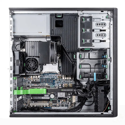 Černý hp z420 gaming barebone desktop s interními komponentami včetně základní desky, cpu chladiče a grafické karty nvidia quadro k400