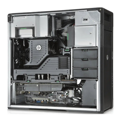 Černostříbrná hp z620 gaming barebone desktopová věž s viditelnými vnitřními komponenty single cpu