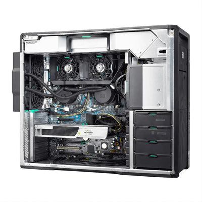 Černý a stříbrný hp z800 gaming barebone dual cpu tower s viditelnými interními komponenty včetně tří ventilátorů a nvidia quadro fx 4600