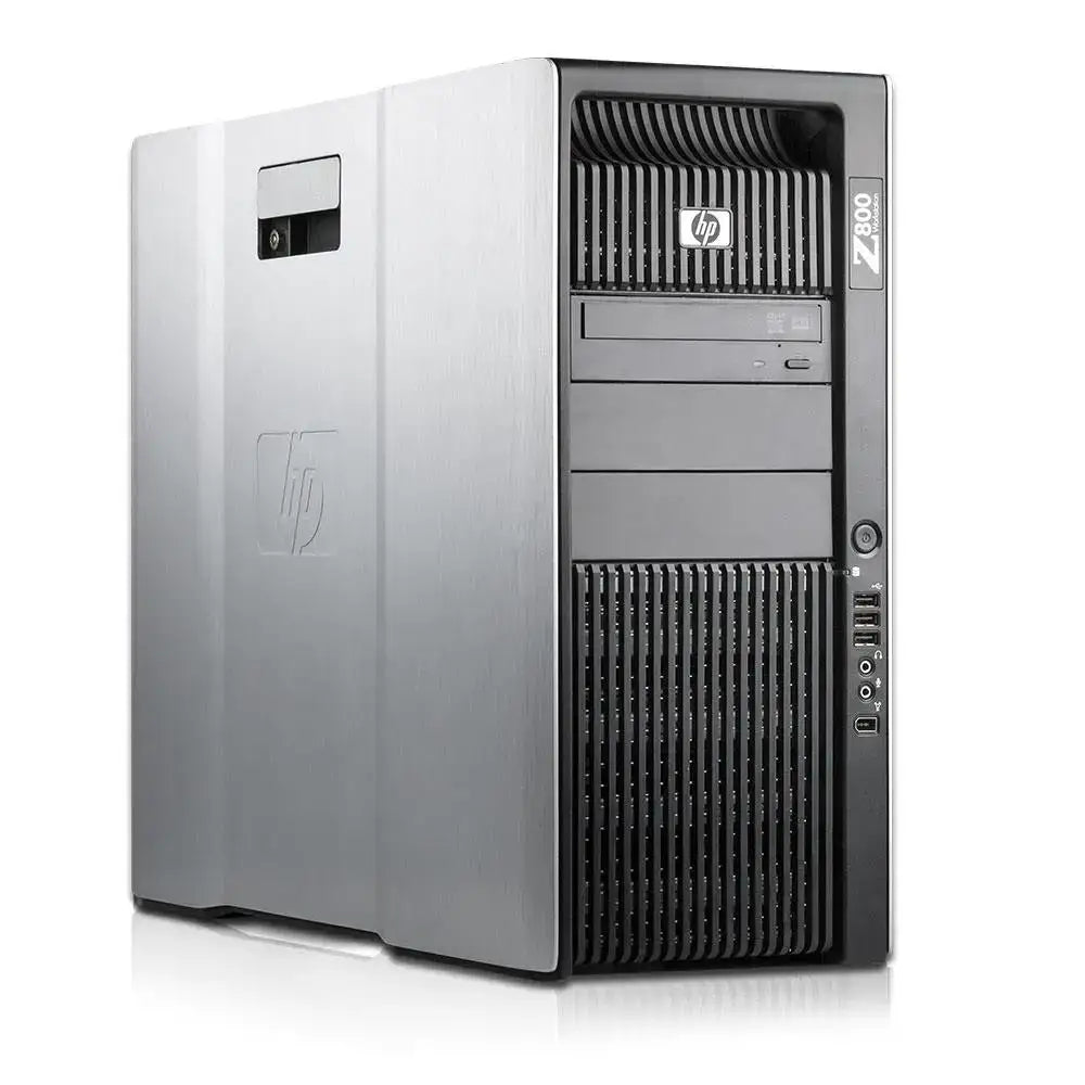Stříbrný a černý hp z800 tower workstation s matným povrchem, vertikálními ventilačními sloty a usb porty v hp z800 sas lab bundle