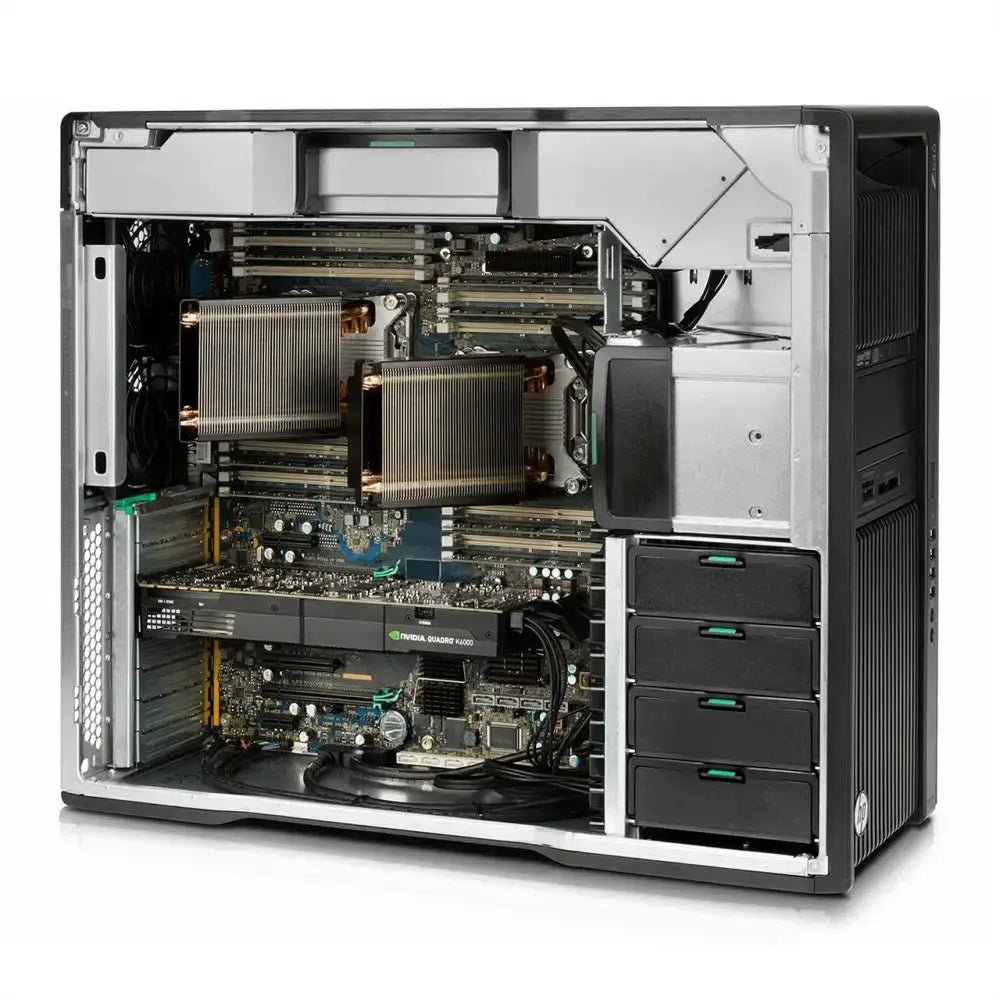 Černý a stříbrný hp z820 workstation tower s viditelnými interními komponentami včetně dvou gpu karet a více pozic pro disky