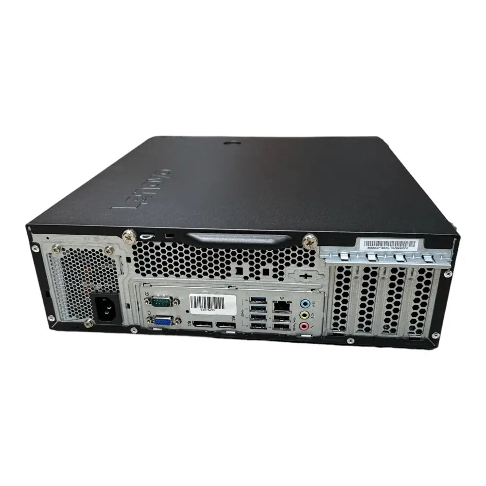 Černý lenovo thinkstation p320 sff gaming barebone s matným povrchem a stříbrnými ventilačními mřížkami na zadní straně