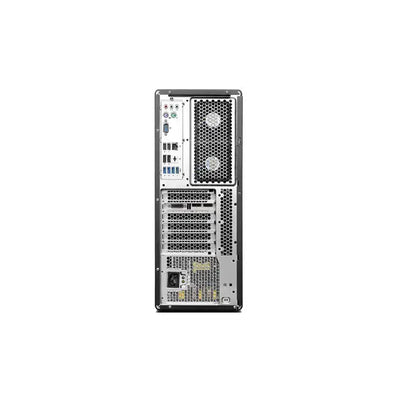 Černý a stříbrný desktop počítač lenovo thinkstation p500 se zadním panelem z mesh materiálu s porty a ventilátory