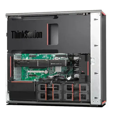 Lenovo thinkstation p500 černostříbrný workstation s viditelnou zelenou základní deskou, drive bay a červenými doplňky